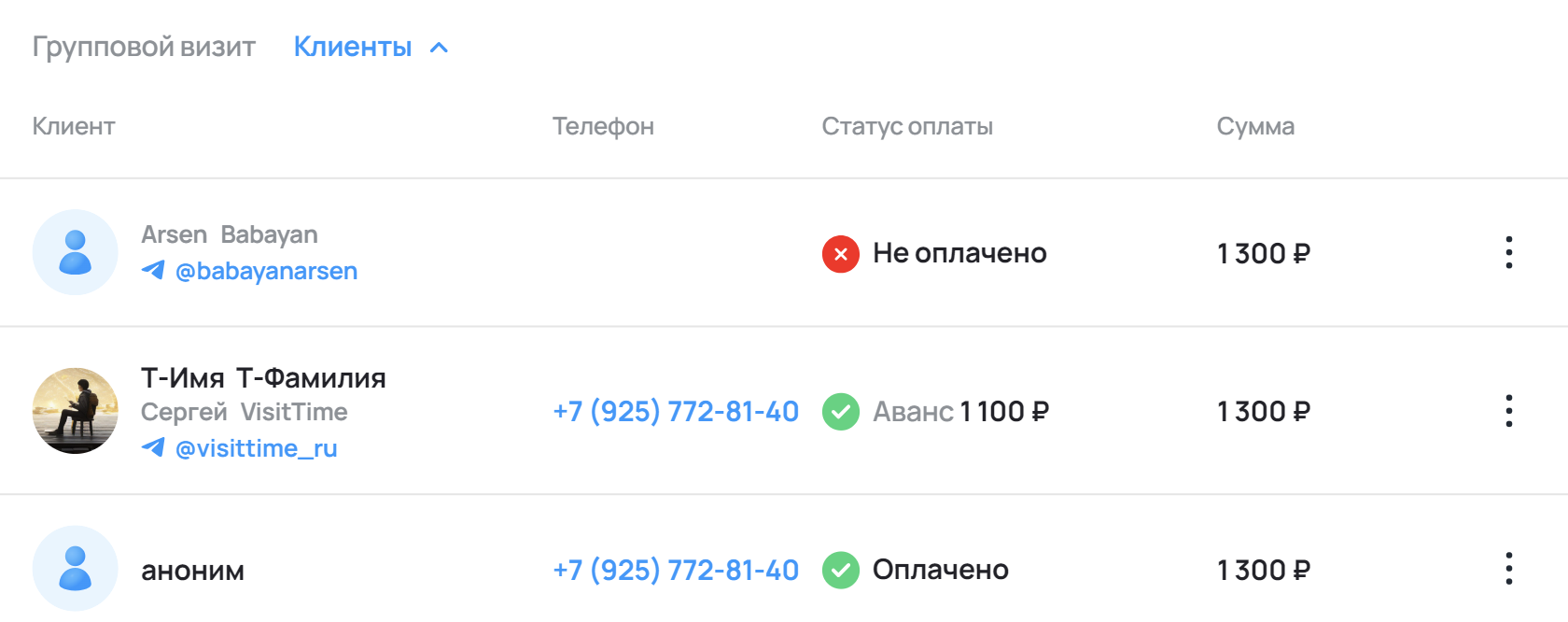 Список клиентов группового визита